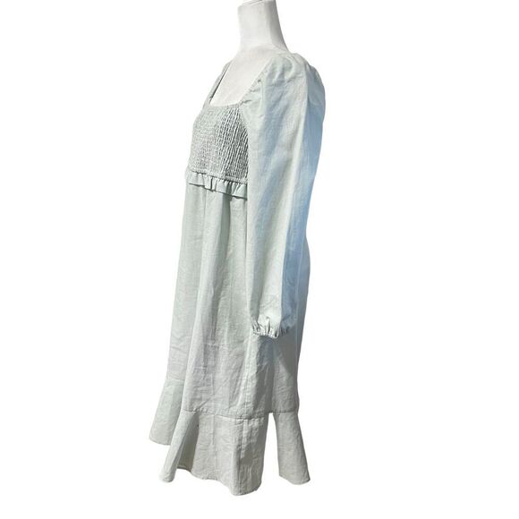 7 For All Mankind Midi Dress Large Light Blue Heavy Linen Smocked Square Neck - Picture 7 of 13